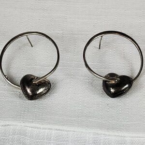 Silver 925 Loop Hoop Puff Heart Earrings